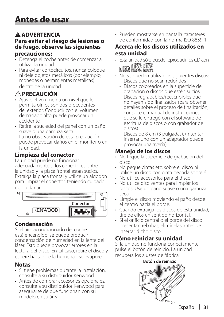 Antes de usar | Kenwood KDC-X898 User Manual | Page 31 / 48