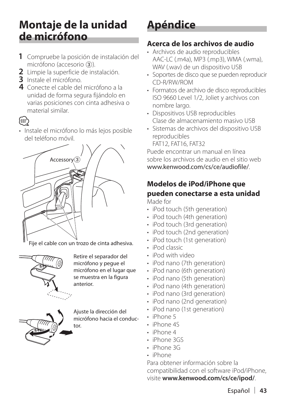 Montaje de la unidad de micrófono, Apéndice, Montaje de la unidad de micrófono apéndice | Kenwood KDC-X898 User Manual | Page 43 / 48