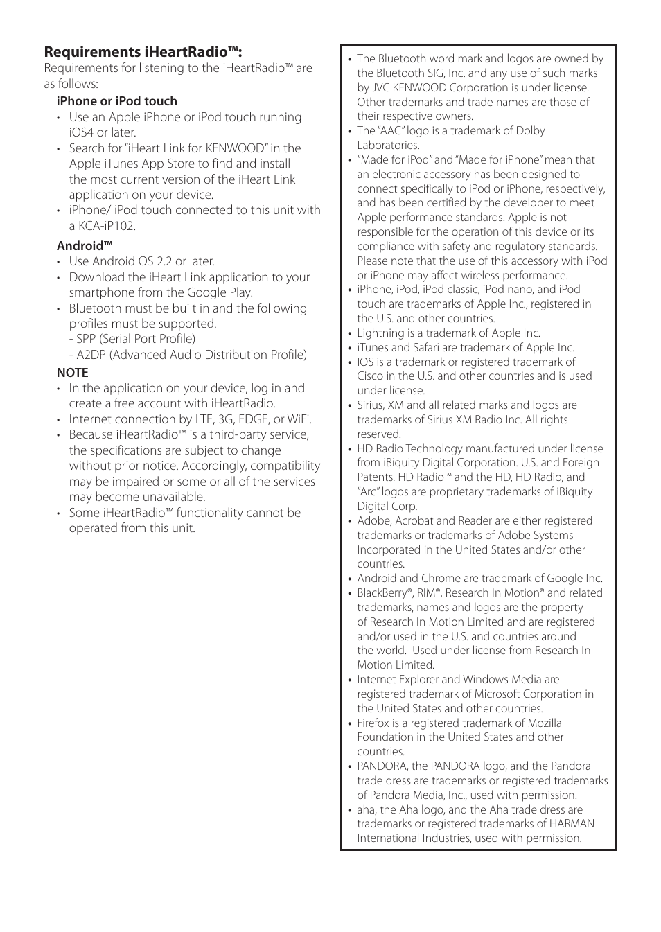 Requirements iheartradio | Kenwood KDC-X898 User Manual | Page 47 / 48