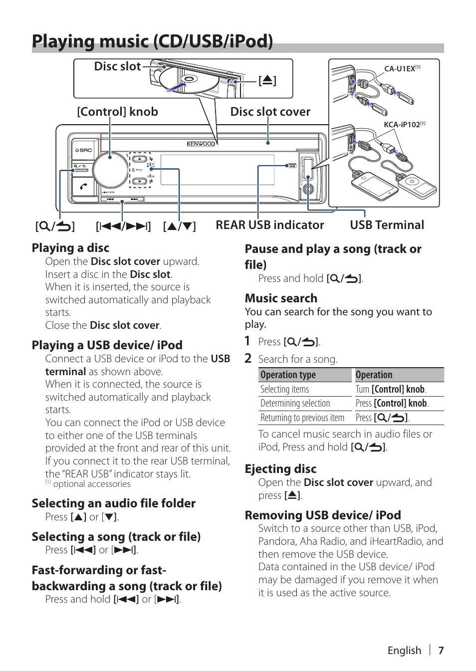 Playing music (cd/usb/ipod) | Kenwood KDC-X898 User Manual | Page 7 / 48