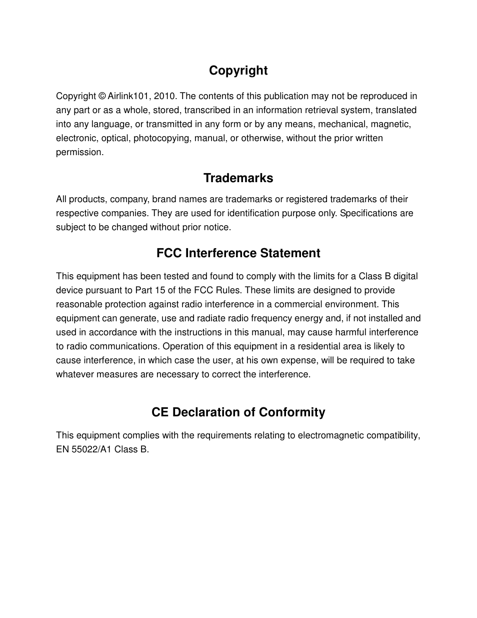 Copyright, Trademarks, Fcc interference statement | Ce declaration of conformity | Airlink101 AR550W3G User Manual | Page 2 / 68