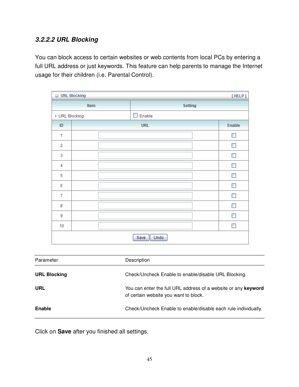 2 url blocking | Airlink101 AR550W3G User Manual | Page 49 / 68