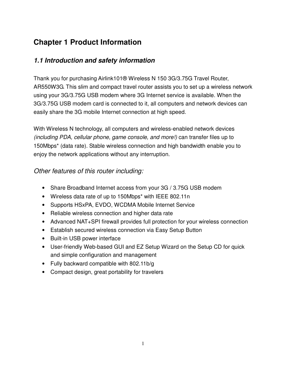 Chapter 1 product information | Airlink101 AR550W3G User Manual | Page 5 / 68