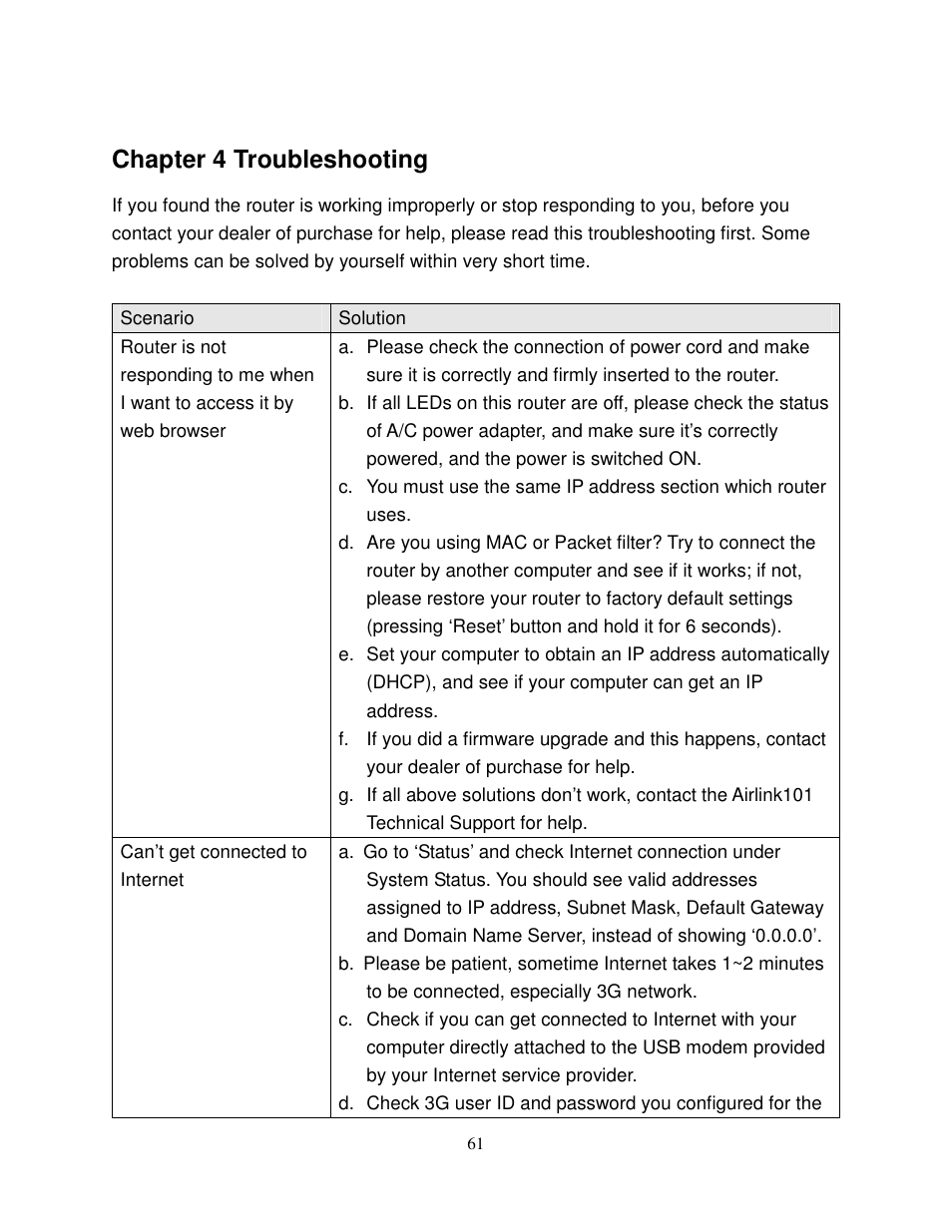 Chapter 4 troubleshooting | Airlink101 AR550W3G User Manual | Page 65 / 68