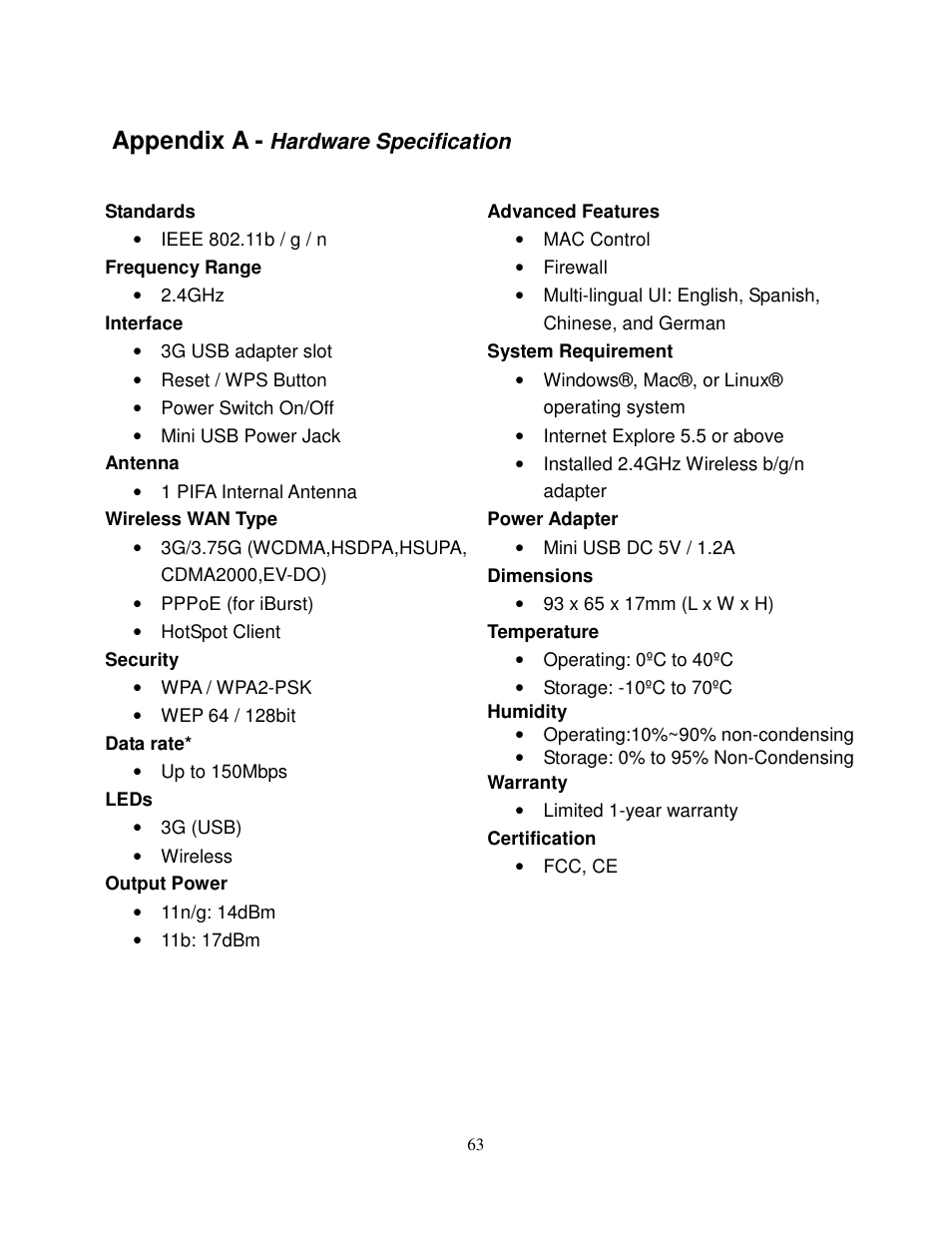 Appendix a | Airlink101 AR550W3G User Manual | Page 67 / 68