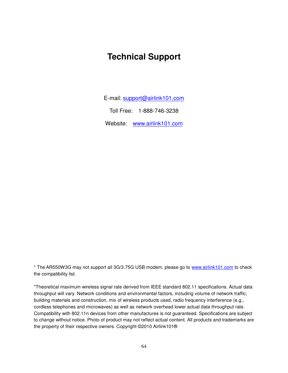 Technical support | Airlink101 AR550W3G User Manual | Page 68 / 68