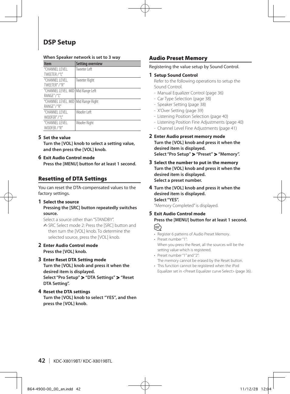 Dsp setup | Kenwood KDC-X8019BT User Manual | Page 42 / 64