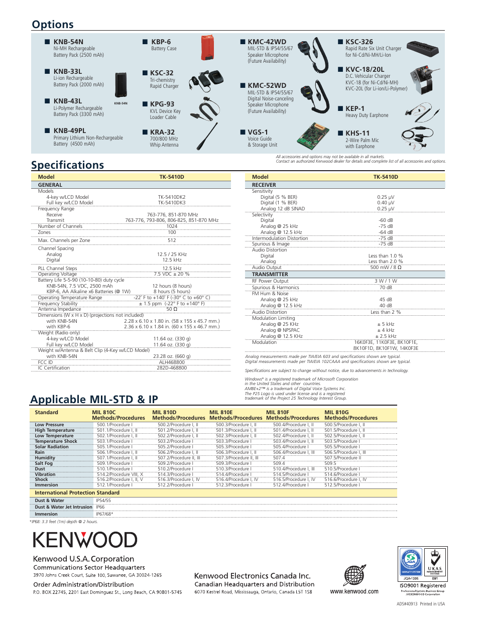 Options specifications, Applicable mil-std & ip, Knb-54n | Knb-33l, Knb-43l, Knb-49pl, Kbp-6, Ksc-32, Kpg-93, Kra-32 | Kenwood TK-5410D User Manual | Page 2 / 2