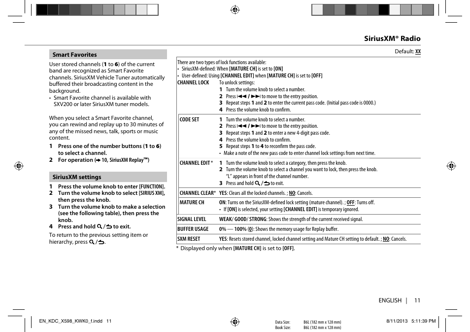 Siriusxm® radio | Kenwood KDC-X598 User Manual | Page 11 / 74