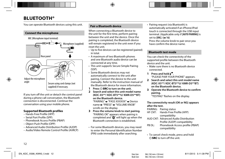 Bluetooth | Kenwood KDC-X598 User Manual | Page 12 / 74