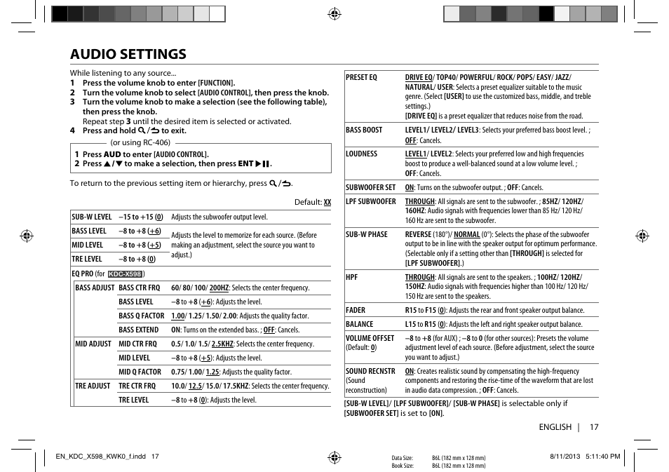 Audio settings | Kenwood KDC-X598 User Manual | Page 17 / 74