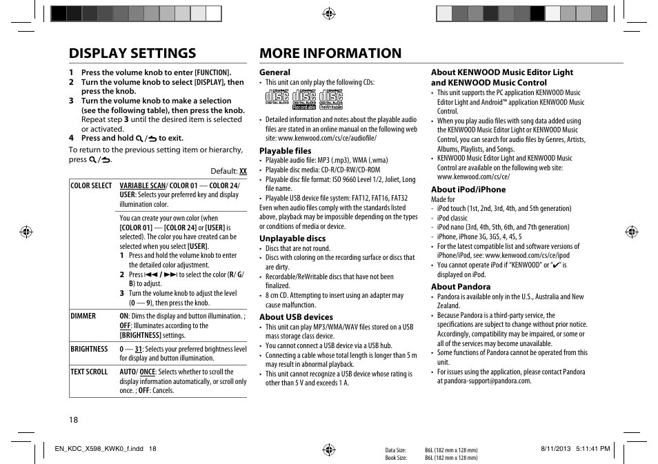 More information, Display settings | Kenwood KDC-X598 User Manual | Page 18 / 74