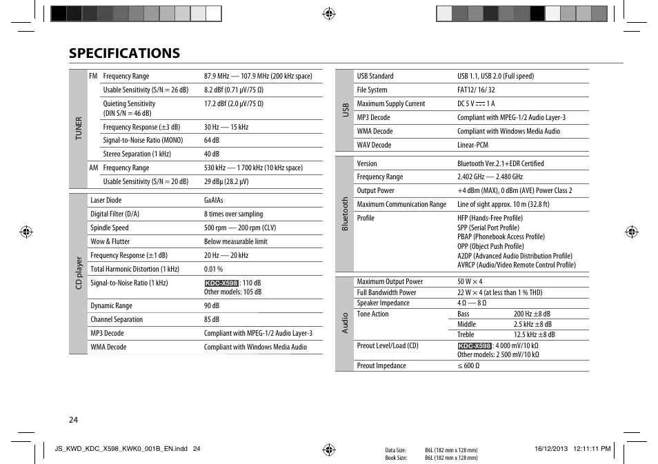 Specifications | Kenwood KDC-X598 User Manual | Page 24 / 74