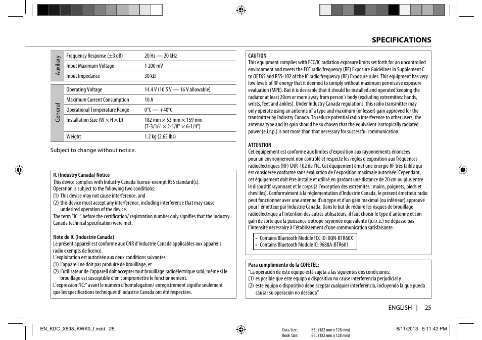 Specifications | Kenwood KDC-X598 User Manual | Page 25 / 74