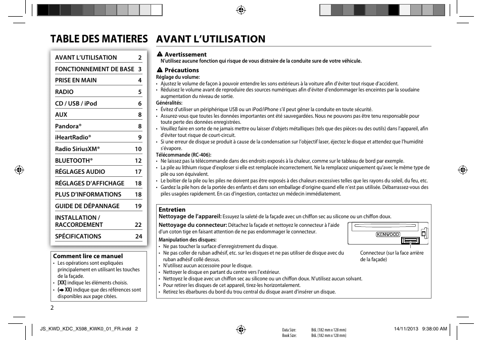 Table des matieres, Avant l’utilisation | Kenwood KDC-X598 User Manual | Page 26 / 74