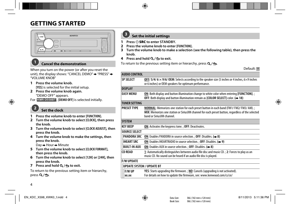 Getting started | Kenwood KDC-X598 User Manual | Page 4 / 74