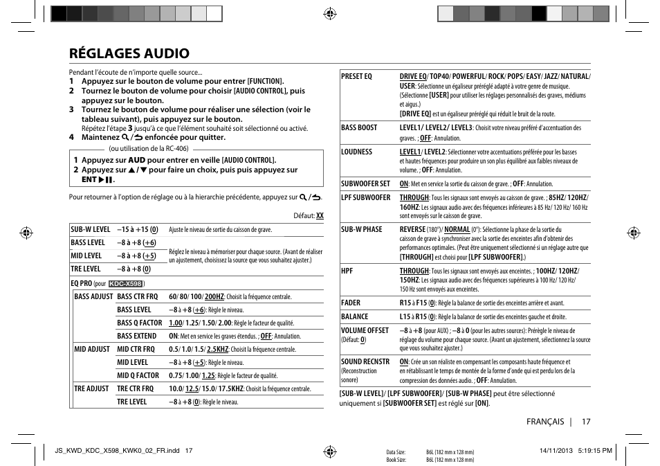 Réglages audio | Kenwood KDC-X598 User Manual | Page 41 / 74