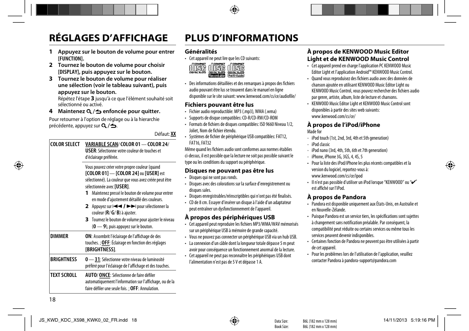 Plus d’informations, Réglages d’affichage | Kenwood KDC-X598 User Manual | Page 42 / 74