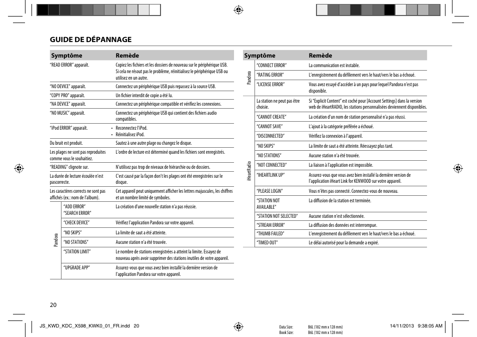 Guide de dépannage | Kenwood KDC-X598 User Manual | Page 44 / 74