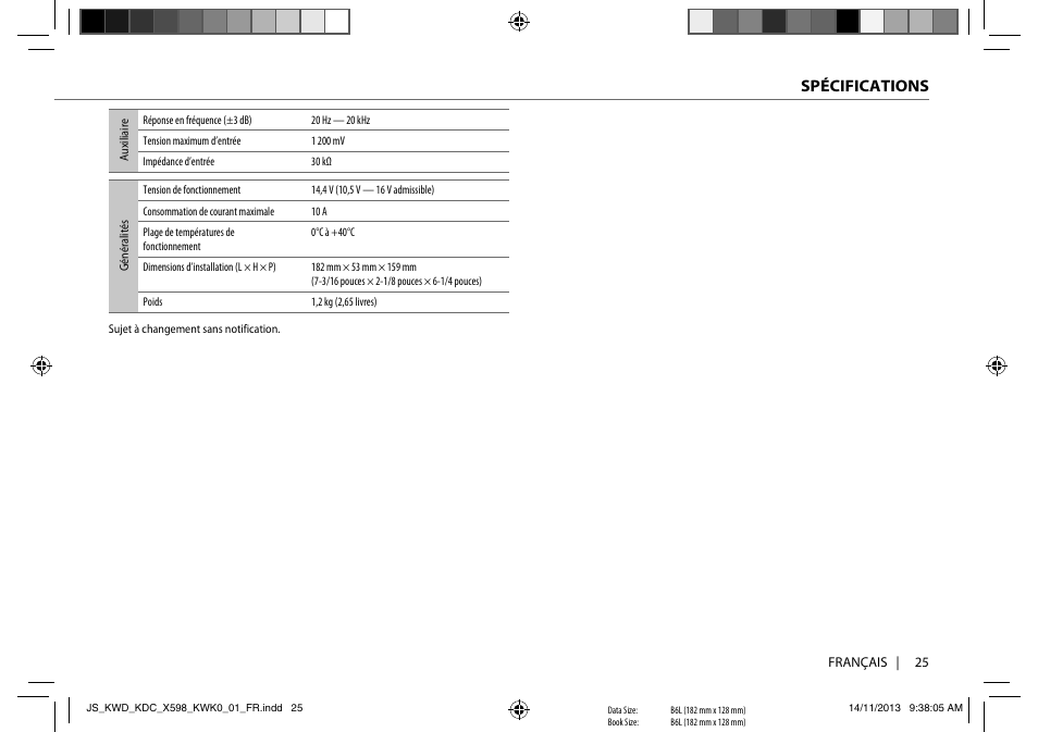 Spécifications | Kenwood KDC-X598 User Manual | Page 49 / 74