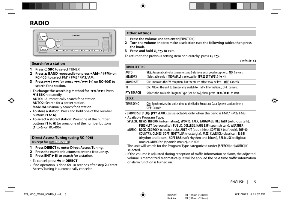 Radio | Kenwood KDC-X598 User Manual | Page 5 / 74