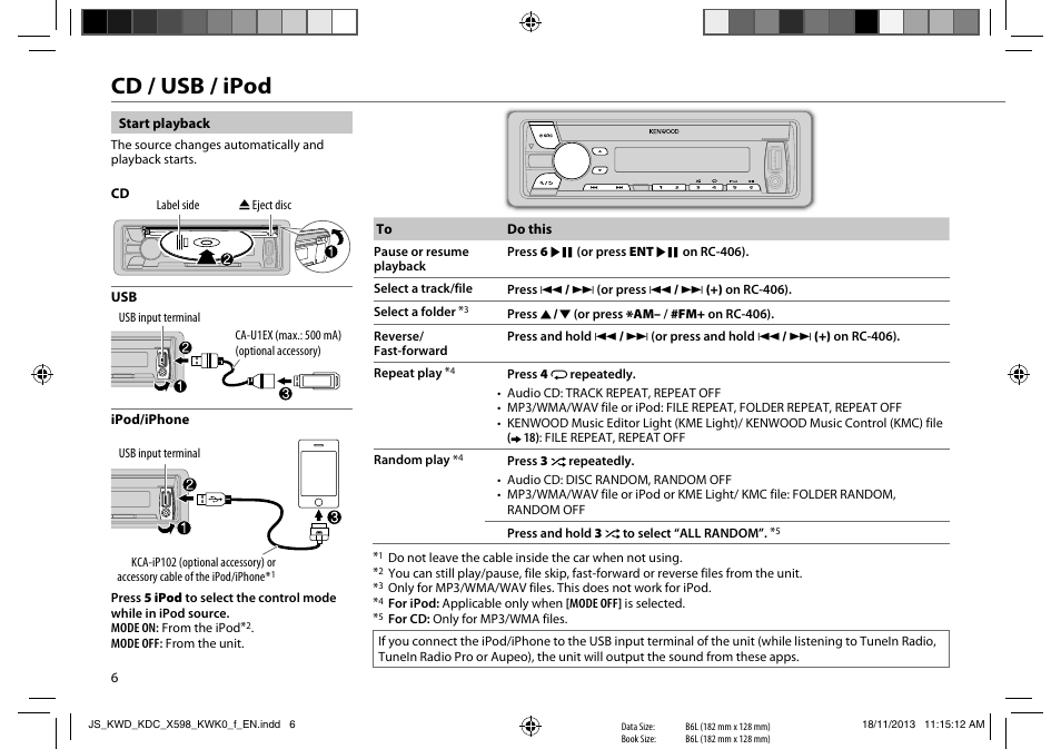 Cd / usb / ipod | Kenwood KDC-X598 User Manual | Page 6 / 74