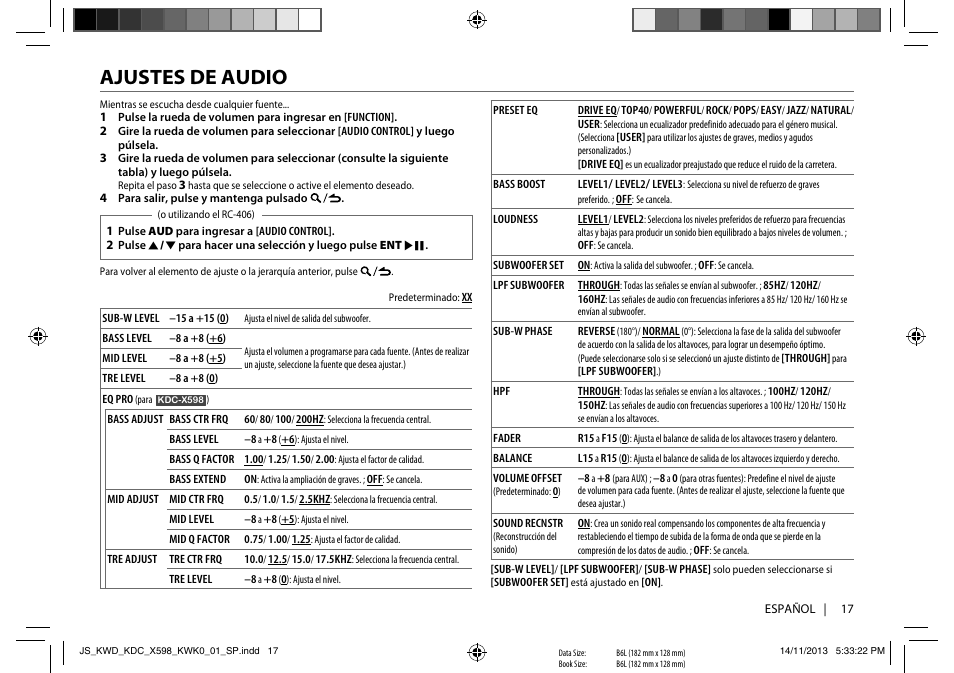 Ajustes de audio | Kenwood KDC-X598 User Manual | Page 65 / 74