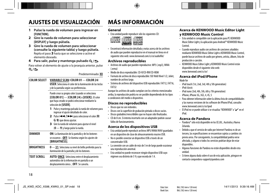 Más información, Ajustes de visualización | Kenwood KDC-X598 User Manual | Page 66 / 74