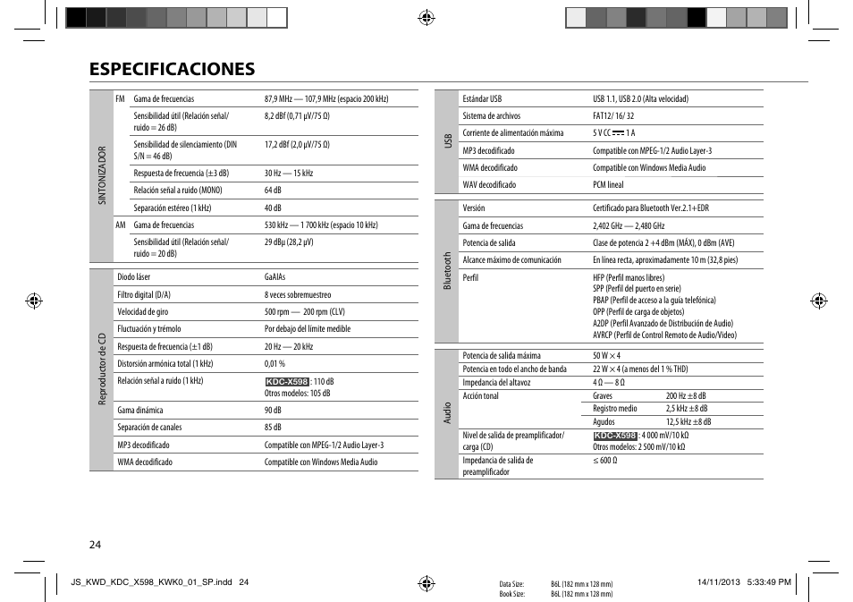 Especificaciones | Kenwood KDC-X598 User Manual | Page 72 / 74