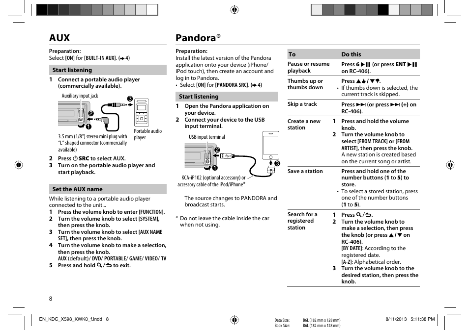 Pandora | Kenwood KDC-X598 User Manual | Page 8 / 74
