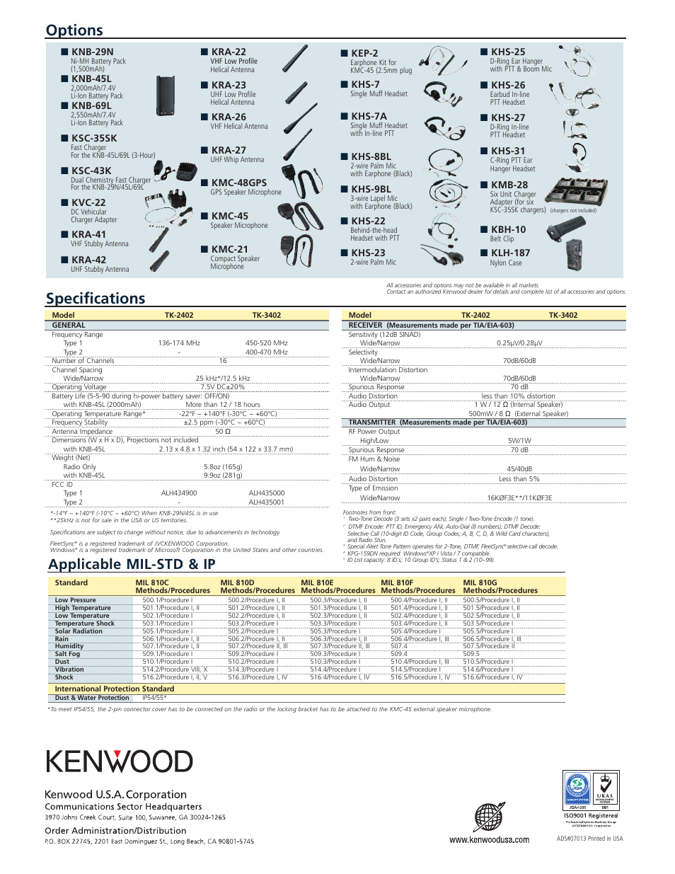 Specifications, Options, Applicable mil-std & ip | Knb-29n, Knb-45l, Knb-69l, Ksc-35sk, Ksc-43k, Kvc-22, Kra-41 | Kenwood TK-2402VK/3402UK User Manual | Page 2 / 2