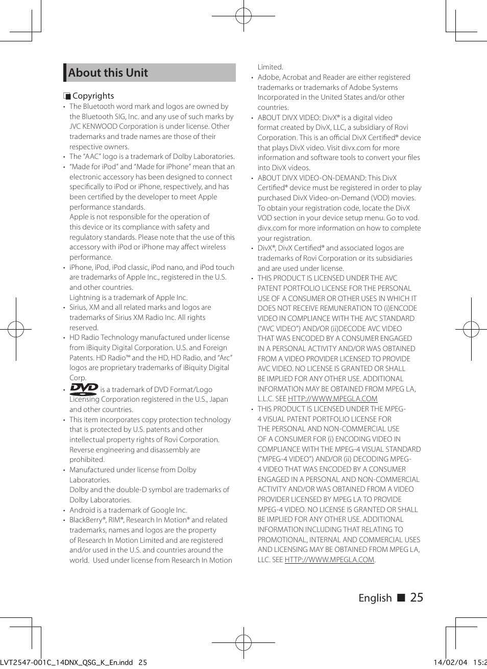 About this unit, English ñ | Kenwood DNX691HD User Manual | Page 25 / 56