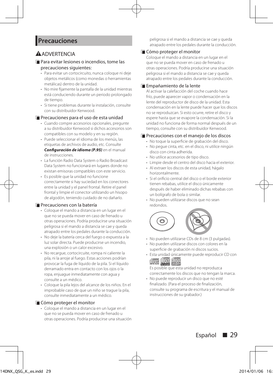 Precauciones, Español ñ, Advertencia | Kenwood DNX691HD User Manual | Page 29 / 56