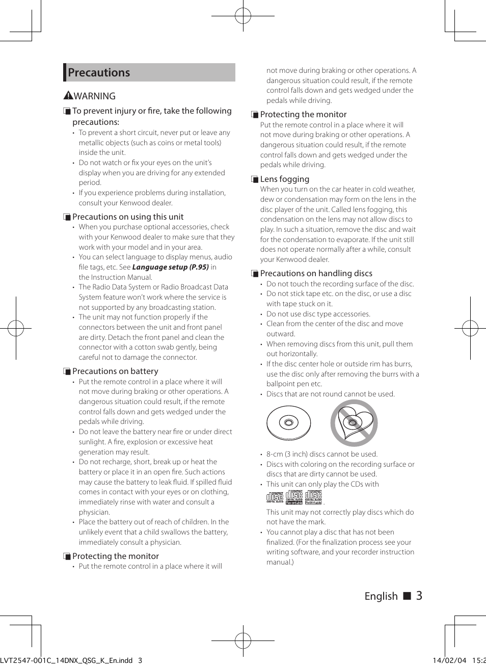 Precautions, English ñ | Kenwood DNX691HD User Manual | Page 3 / 56
