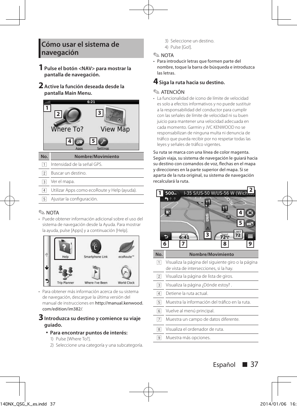 Cómo usar el sistema de navegación, Español ñ | Kenwood DNX691HD User Manual | Page 37 / 56