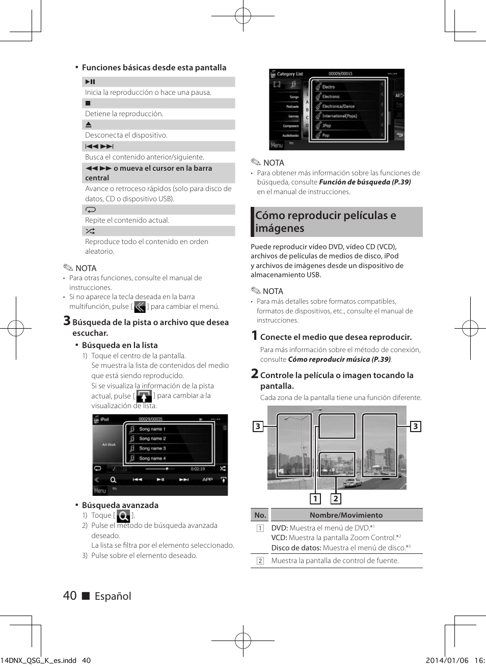 Cómo reproducir películas e imágenes, Ñ español | Kenwood DNX691HD User Manual | Page 40 / 56