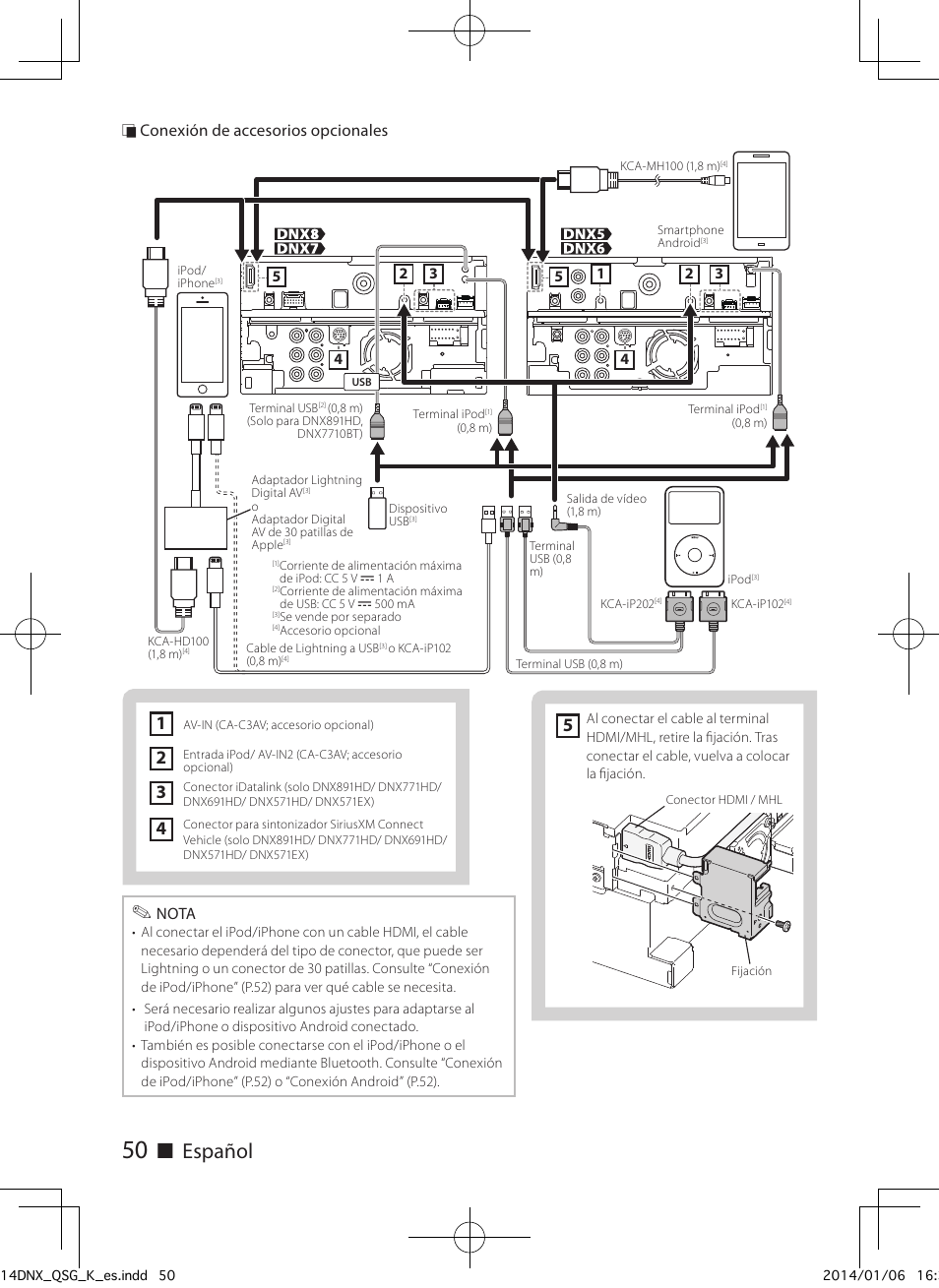 Ñ español, Ñ conexión de accesorios opcionales | Kenwood DNX691HD User Manual | Page 50 / 56