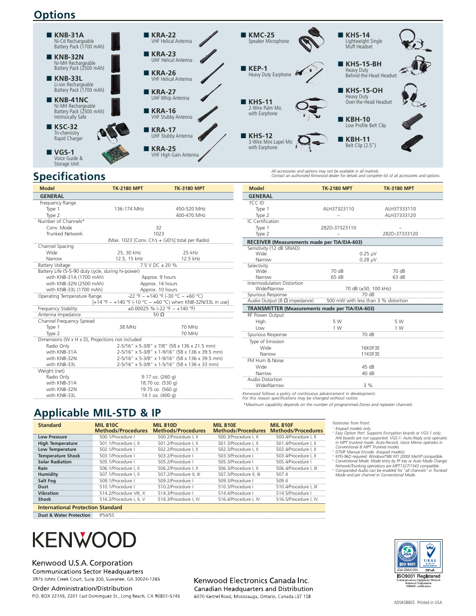 Specifications, Options, Applicable mil-std & ip | Knb-31a, Knb-32n, Knb-33l, Knb-41nc, Ksc-32, Vgs-1, Kra-22 | Kenwood TK-2180/3180 User Manual | Page 2 / 2