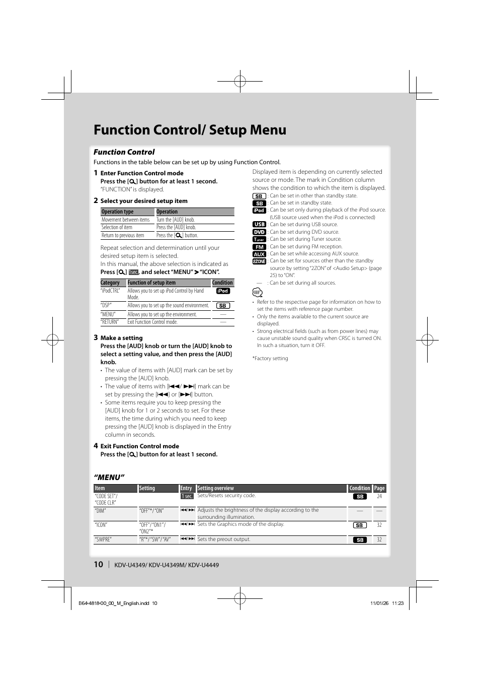 Function control/ setup menu, Function control, Menu | Kenwood KDV-U4349 User Manual | Page 10 / 40