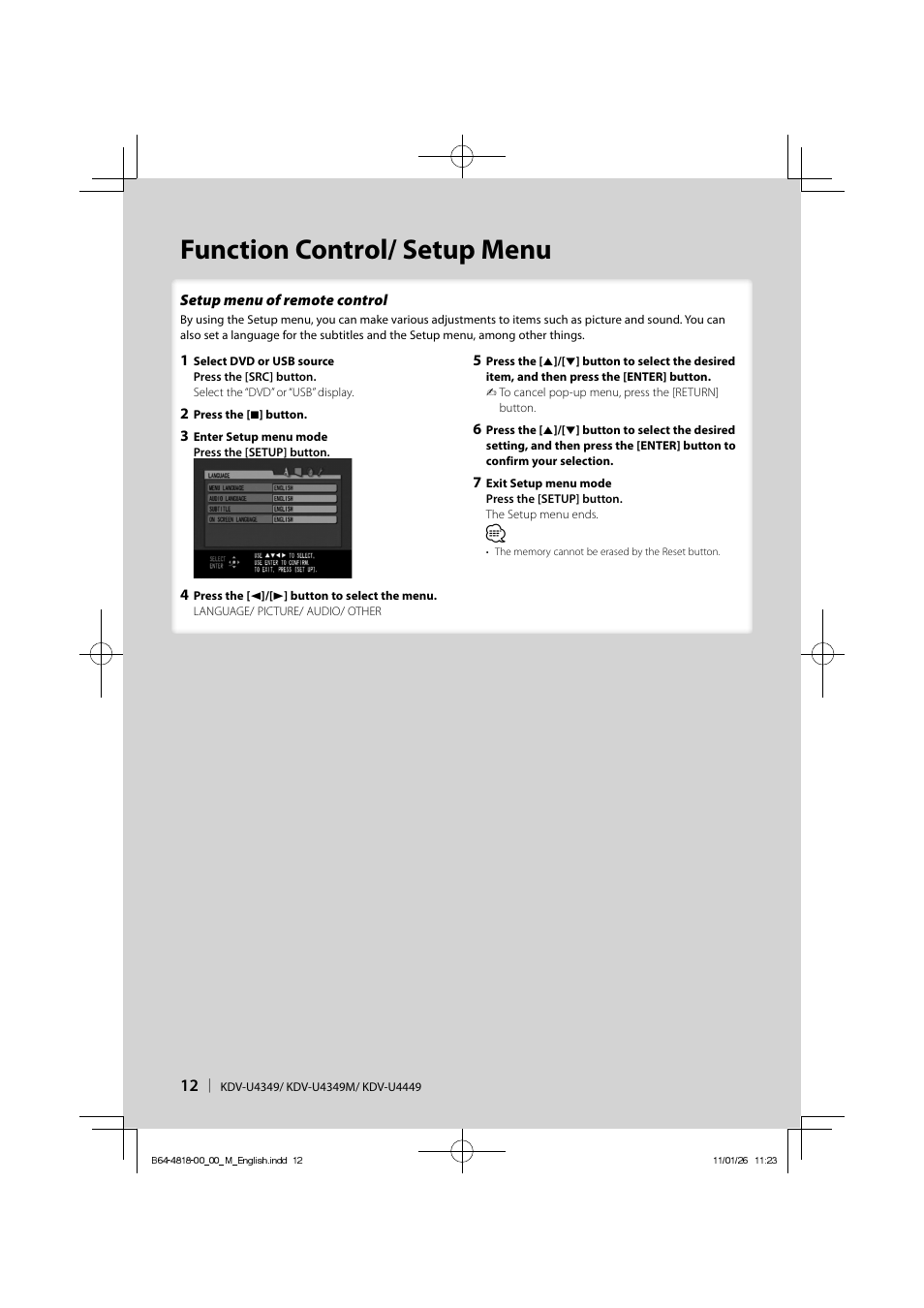 Function control/ setup menu | Kenwood KDV-U4349 User Manual | Page 12 / 40