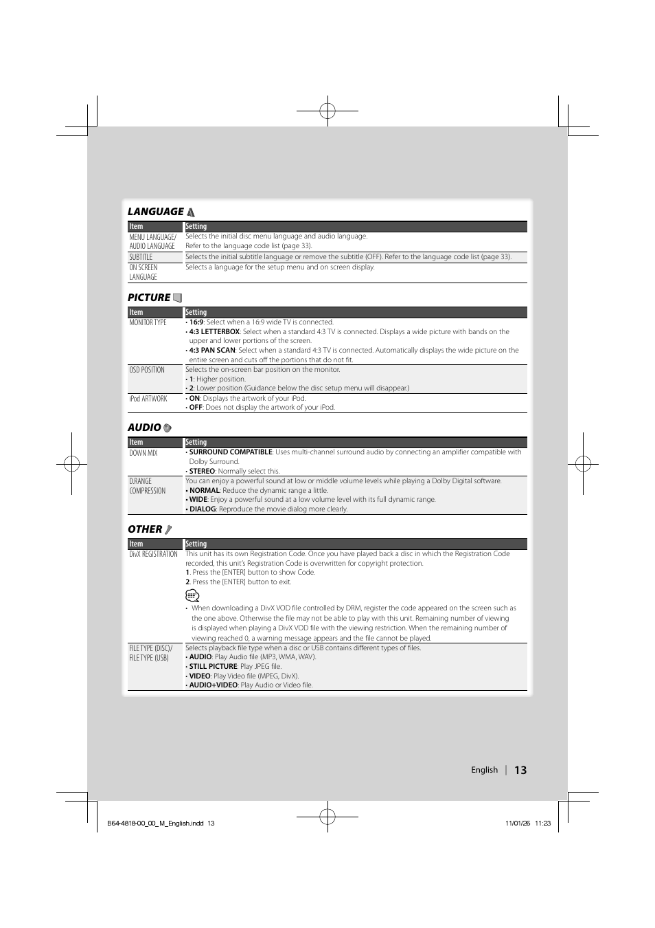 Language, Picture, Audio | Other | Kenwood KDV-U4349 User Manual | Page 13 / 40