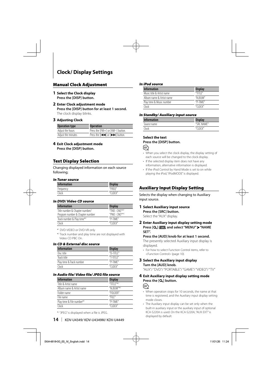 Clock/ display settings, Text display selection, Manual clock adjustment 1 | Auxiliary input display setting | Kenwood KDV-U4349 User Manual | Page 14 / 40