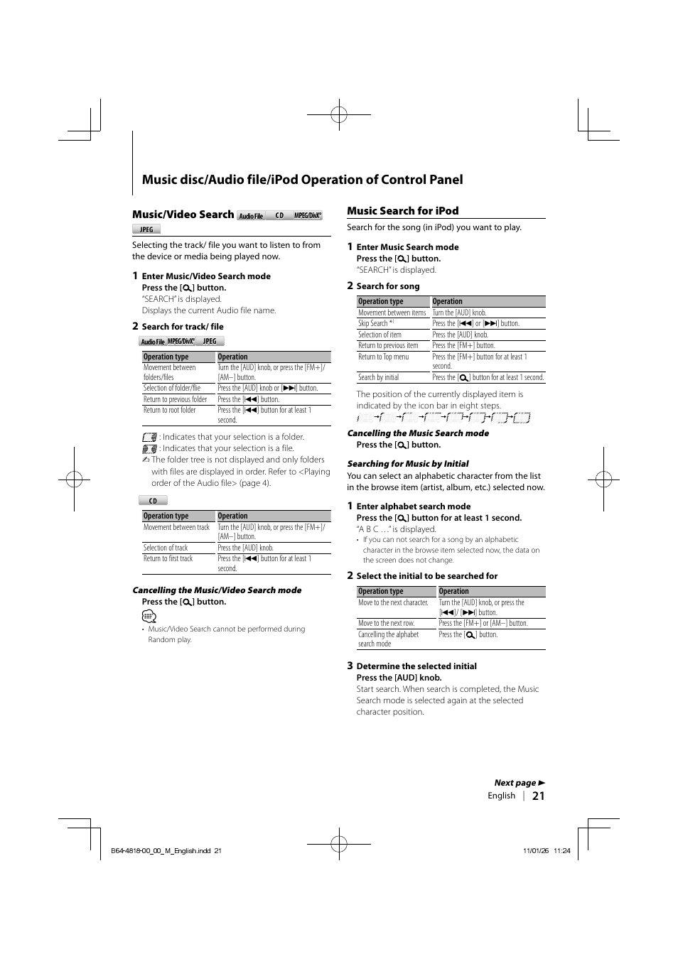 Music/video search, Music search for ipod | Kenwood KDV-U4349 User Manual | Page 21 / 40