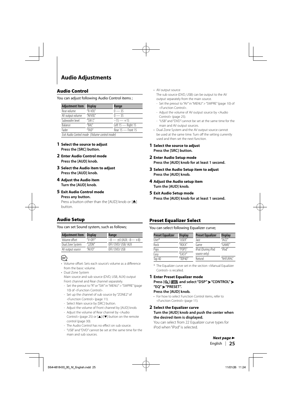 Audio adjustments, Audio control, Audio setup | Preset equalizer select | Kenwood KDV-U4349 User Manual | Page 25 / 40