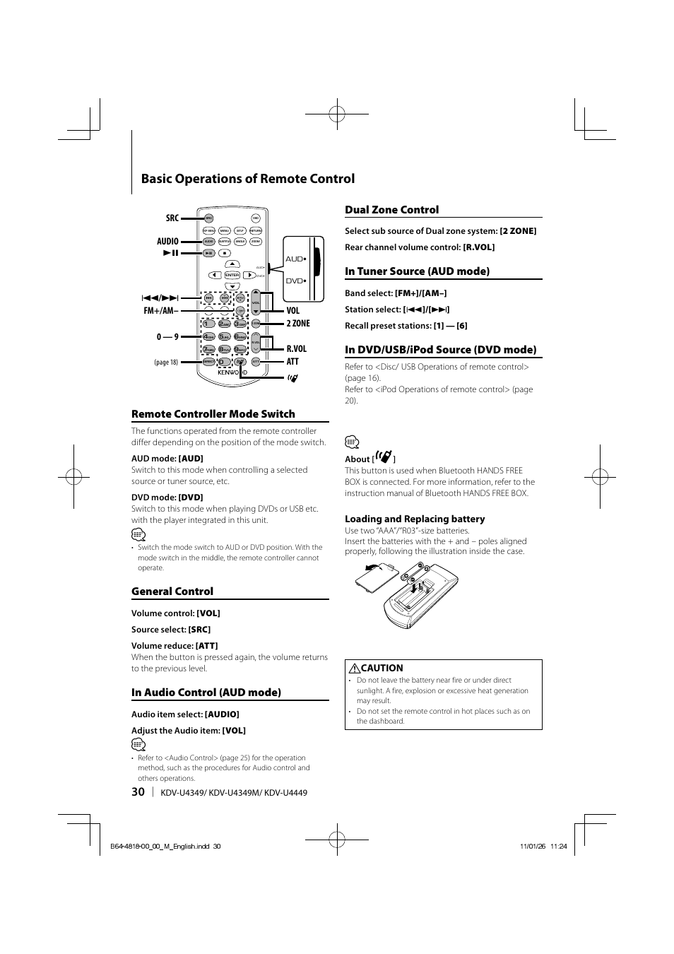 Basic operations of remote control, Remote controller mode switch, General control | Dual zone control, Loading and replacing battery, Caution | Kenwood KDV-U4349 User Manual | Page 30 / 40