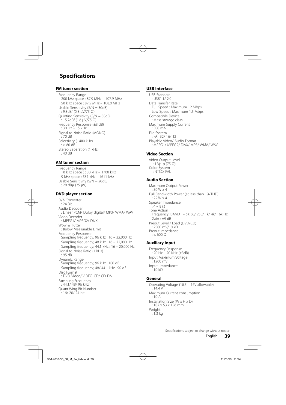 Specifications | Kenwood KDV-U4349 User Manual | Page 39 / 40