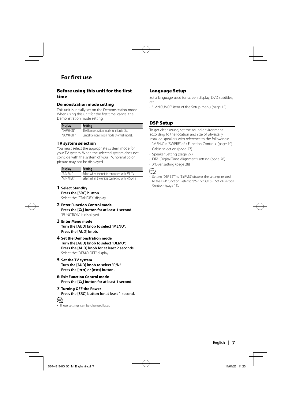 For first use | Kenwood KDV-U4349 User Manual | Page 7 / 40