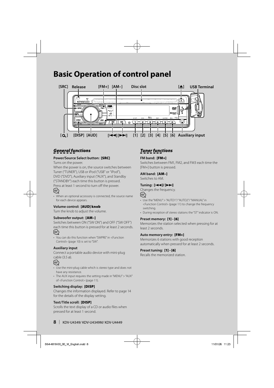 Basic operation of control panel | Kenwood KDV-U4349 User Manual | Page 8 / 40