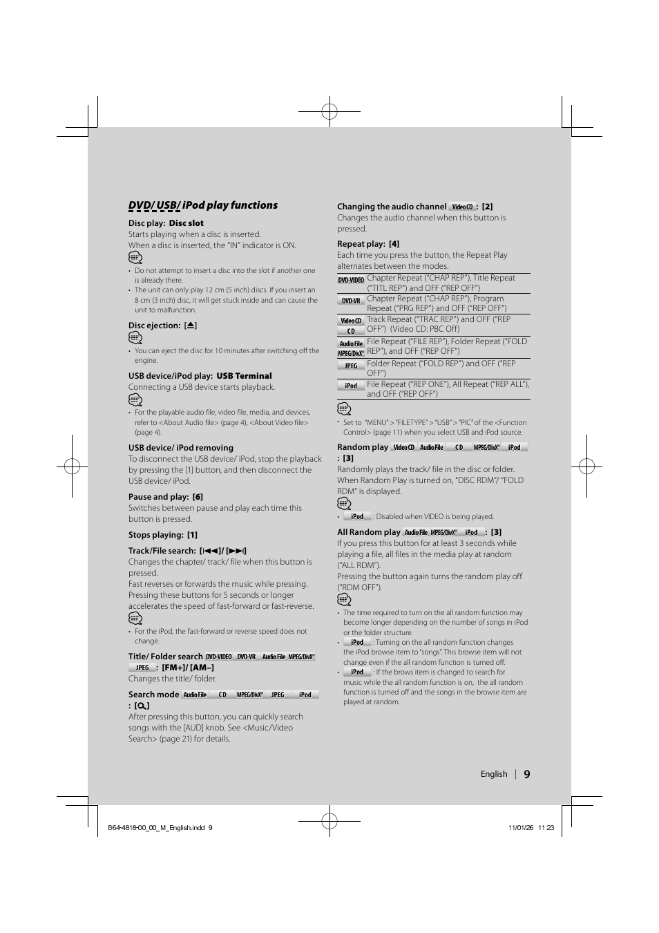 Dvd/ usb/ ipod play functions | Kenwood KDV-U4349 User Manual | Page 9 / 40