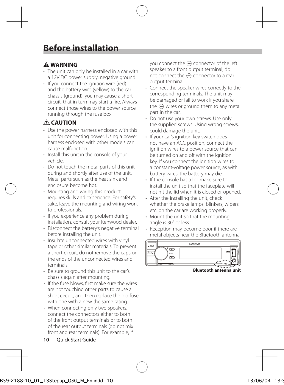 Before installation | Kenwood KDC-U7056BT User Manual | Page 10 / 24